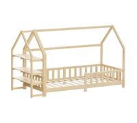 ML-Design Lit Cabane Enfant 90x200 cm Naturel (Beige) en Bois avec Étagère, Protection Contre la Chute, Toit et Sommier à Lattes, Style Maison, Couchage Maisonnette Lit Simple pour Fille ou Garçon