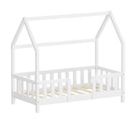 ML-Design Lit Cabane Enfant 70x140 cm Blanc en Bois de Pin Massif avec Protection Antichute, Toit et Sommier à Lattes Contreplaqué, Style Maison, Couchage Maisonnette Lit Simple pour Fille ou Garçon