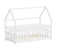ML-Design Lit Cabane Enfant 80x160 cm Blanc en Bois de Pin Massif avec Matelas, Protection Anti-Chute, Toit et Sommier à Lattes, Style Maison, Couchage Maisonnette Lit Simple pour Fille Garçon