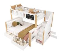 Lit cabane enfant - tableau noir et tiroirs - blanc et chêne clair - 90 x 200/140 x 200cm