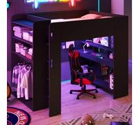 Lit cabane enfants 140x200,lit mezzanine avec bureau,lit 2 places,structure cabane,structure cabane enfant,Structure surélevée gaming avec bureau,éclairage LED et port USB,placard ouvert,étagères
