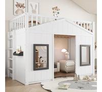 Lit cabane Enfants 90x200 avec Escalier, Lit Enfant avec Fenêtre et Rangement Sous le Lit Modulable, Lit Superposé Enfant Simple avec Barrière Anti-Chute et Rambarde, Structure en pin et MDF, Blanc