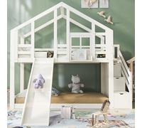 Lit cabane Enfants 90x200 avec Protection Anti Chute,Lit superposé Enfant Maison dans Les Arbres avec tiroir, lit Simple 2 sommiers à Lattes, 2 Places de Couchage, 2 sommiers à, Blanc