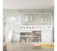 Lit Cabane enfants 90x200 avec toboggan et escalier, Lit Superposé 1 Places avec toboggan et escalier, Lit enfant multifonctionnel avec porte magnétique, Carde de en bois massif Blanc (Sans Matelas)