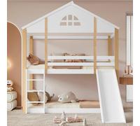 Lit cabane enfants 90x200 avec toboggan,Lit superposé Enfant avec barrières et échelle d'angle à trois marches,Interchangeable gauche et droite,cadre de lit enfant en bois massif,blanc+naturel