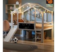 Lit cabane enfants 90x200,lit enfant cabane avec toboggan,panneau graffiti,lit superposé enfant 90x200 lit enfant mi hauteur en bois,cadre de lit mezzanine 1 place avec sommier à lattes (Blanc)