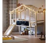 Lit cabane enfants 90x200,lit enfant cabane avec toboggan,panneau graffiti,lit superposé enfant 90x200 lit enfant mi hauteur en bois,cadre de lit mezzanine 1 place avec sommier à lattes (Naturel)