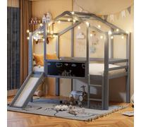 Lit cabane enfants 90x200,lit enfant cabane avec toboggan,panneau graffiti,lit superposé enfant 90x200 lit enfant mi hauteur en bois,cadre de lit mezzanine 1 place avec sommier à lattes (Gris)