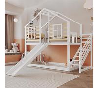 Lit cabane Enfants 90x200,lit superposé Enfant en Bois avec escalier,lit Mezzanine 90x200 avec Toboggan et fenêtre,en rondins avec Protection antichute,Cadre en Bois Massif,Blanc