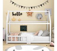 Lit cabane Enfants 90x200 Lit superposé Enfant lit Double lit Simple Protection Anti Chute, en Bois de pin, avec Tableau à Lattes, en Bois de pin Blanc (sans Matelas)
