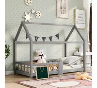 Lit cabane Enfants 90x200 Lit superposé Enfant lit Simple Protection Anti Chute en Bois de pin avec Tableau à Lattes et Protection Anti Chute Gris (sans Matelas)