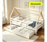 Lit cabane extensible 90 x 200 cm Lit enfant gigogne Bois massif de pin, Sommier à lattes inclus, Couleur blanc et naturel