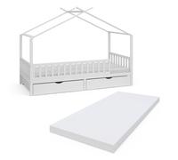 Lit cabane Franka, 90x200 cm avec 2 tiroirs et matelas, Blanc, Vitalispa 40401