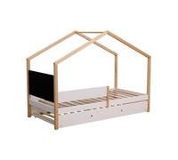 Lit cabane gigogne avec ardoise pin massif clair et blanc Woody 90x190 cm