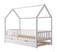 Happy Garden Lit cabane 190x90cm Blanc Marceau, Cadre de lit en Bois Massif de pin avec sommier à Lattes, barreaux de sécurité et lit gigogne