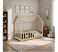 Lit cabane Kiwi 70x140 + 1 sommier + barrière /Naturel