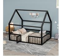 Lit cabane Lit Double 140×200 cm, avec Barrière de Sécurité et Portillon, sans Matelas, en Métal, Noir