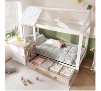Lit cabane lit enfant 90x200en bois massif avec tiroirs et table de chevet amovible-Lit au sol simple en blanc et chêne,sans
