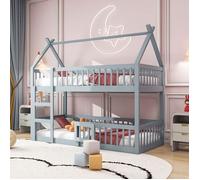 Lit cabane Lit superposé avec escalier 90x200 cm Lit familial pour enfants Lit Loft Design en bois massif Gris