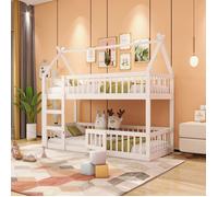 Lit cabane Lit superposé avec escalier 90x200 cm Lit familial pour enfants Lit Loft Design en bois massif Blanc