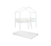 Lit cabane mi-hauteur 90 x 190 cm - Pin - Blanc + Matelas - NALENY
