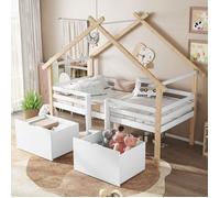 Lit Cabane Mi-hauteur - MERAX - 90x200 - Blanc et Bois - Toit Croisé Décoratif - 2 Caissons à Roulettes