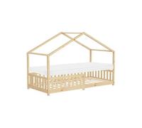 ML-Design Lit Cabane Enfant 90x200 cm Naturel avec Matelas H:10cm, Antichute, Toit et Sommier à Lattes, Pin Massif, Style Maison, Couchage au Sol Montessori pour Fille Garçon Chambre à Coucher