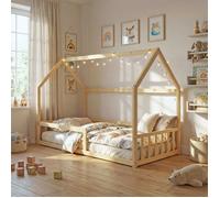 Lit cabane NEMO 90x190 + 1 sommier + barrière /Bois clair