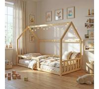 Lit cabane Nemo 90x190 + 1 sommier + barrière/Naturel