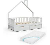 VitaliSpa lit cabane Noemi, Blanc, 80x160 cm avec 2 tiroirs et Matelas