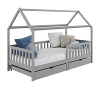 IDIMEX Lit cabane NUNA lit Enfant Simple Montessori en Bois 90 x 190 cm, avec Rangement 2 tiroirs, en pin Massif lasuré Gris