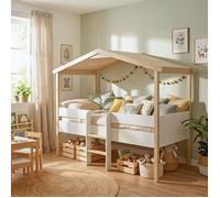 Lit cabane PILOTI 90x190 + 1sommier / Blanc et Bois clair