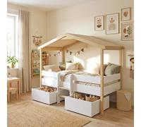 Lit cabane PILOTI 90x200 + 2 tiroirs + 1sommier / Blanc et Bois clair