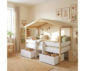 Lit cabane PILOTI 90x200 + 2 tiroirs + 1sommier / Blanc et Bois clair