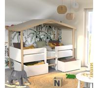 Lit cabane PILOTI 90x200 + 2 tiroirs + 1sommier / Blanc et Naturel