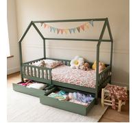 Happy Garden Lit cabane pour enfant MARCEAU 190x90 cm en bois massif de pin avec tiroirs Vert