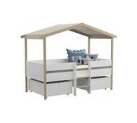Lit cabane SAROSI avec tiroirs - 90 x 190 cm - Tilleul - Blanc et chêne