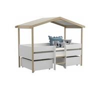 Lit cabane SAROSI avec tiroirs - 90 x 190 cm - Tilleul - Blanc et chêne