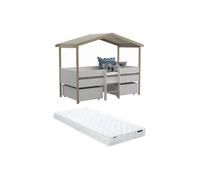 Lit cabane SAROSI avec tiroirs - 90 x 190 cm - Tilleul - Blanc et chêne + matelas
