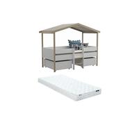 Lit cabane SAROSI avec tiroirs - 90 x 190 cm - Tilleul - Blanc et chêne + matelas