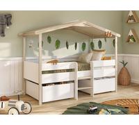 Lit cabane SAROSI avec tiroirs - 90 x 190 cm - Tilleul - Blanc et chêne + matelas