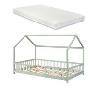 [en.casa] Lit Cabane avec Matelas à Mousse Froide Anti-Allergique Lit Enfant en Forme de Maison avec Sommier à Lattes Barrière de Sécurité Bois de Pin Contreplaqué 120 x 200 cm Vert Menthe Blanc