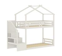 Lit cabane superposé avec escalier en bois "Oriana" - 90 x 190 cm - Beige