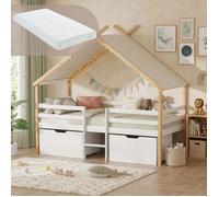 Lit cabane Surnadal avec matelas 90 x 200 cm naturel blanc