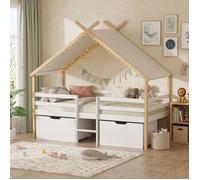 [en.casa] Lit Cabane avec Toit Amovible et 2 Tiroirs de Rangement Lit Enfant en Forme de Maison avec Sommier à Lattes Bois de Pin Contreplaqué Tissu 90 x 200 cm Naturel Blanc Beige