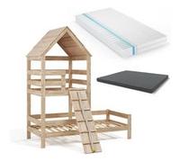 VitaliSpa lit cabane Teddy, Naturel Bois, 90x200 cm avec 2 Matelas