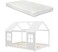 Lit cabane Tostedt pour enfant 120 x 200 cm avec matelas sommier à lattes bois de pin blanc Blanc