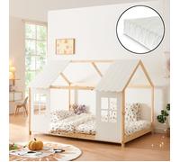Lit cabane Tostedt pour enfant 120 x 200 cm avec matelas sommier à lattes bois de pin naturel blanc [en.casa]