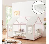 Lit cabane Tostedt pour enfant 120 x 200 cm avec matelas sommier à lattes bois de pin rose blanc [en.casa]