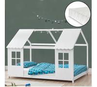Lit cabane Tostedt pour enfant 90 x 200 cm avec matelas sommier à lattes bois de pin blanc [en.casa] Blanc G